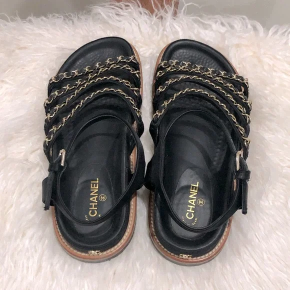 💥 CHANEL Leather Chain Gladiator Dad Sandals Sz 37 - Picture 4 of 10